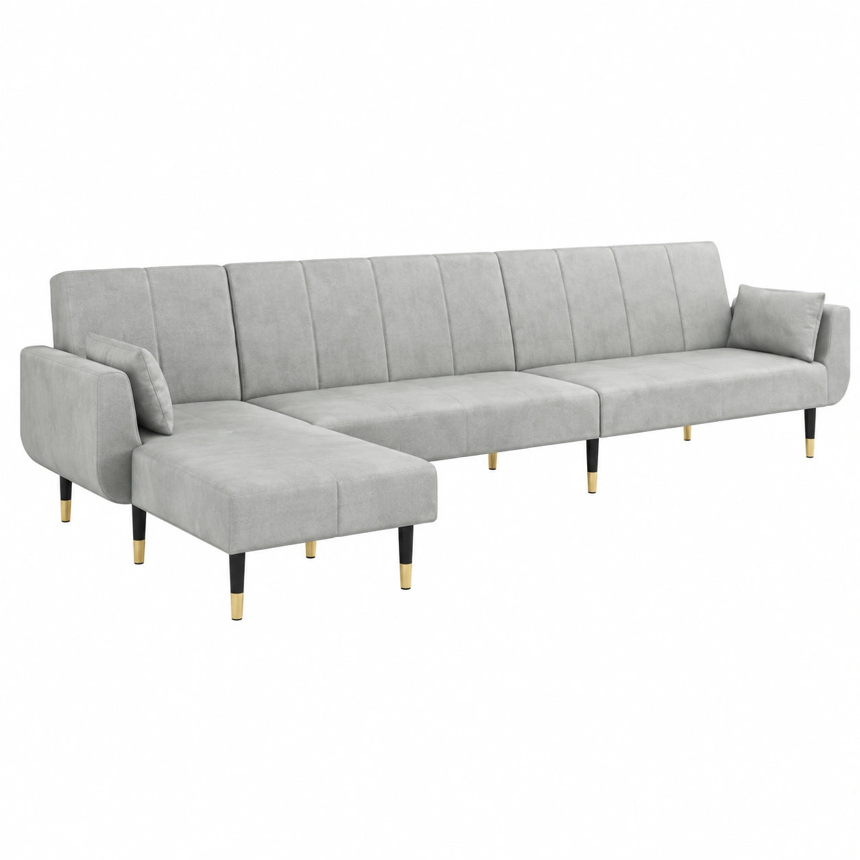 Divano angolare in velluto grigio chiaro con funzione letto e chaise longue, 275 x 140 x 70 cm, moderno e confortevole per soggiorno