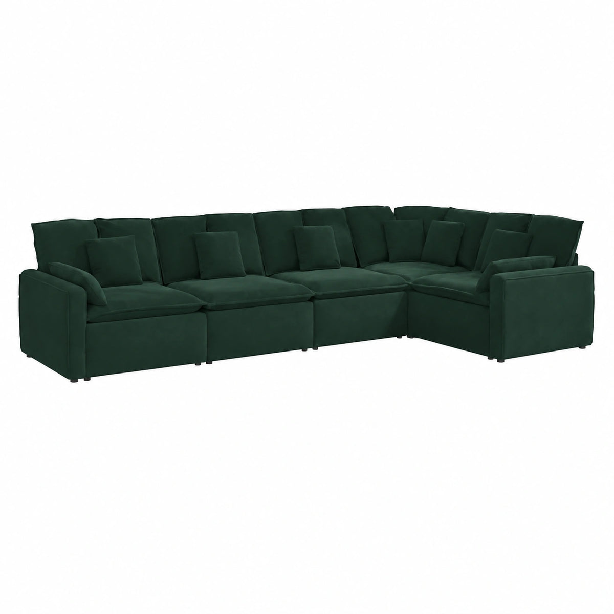 Divano angolare modulare in velluto verde scuro, 417x217x64 cm, comfort e resistenza per il soggiorno