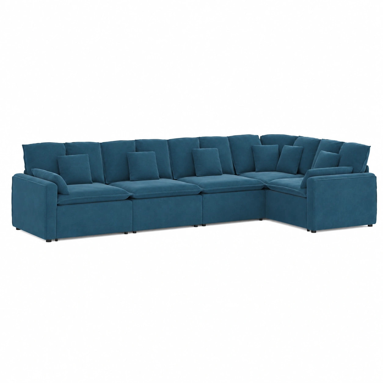 Divano ad angolo modulare in velluto blu, 417x217x64 cm, ideale per grandi spazi con cuscini inclusi