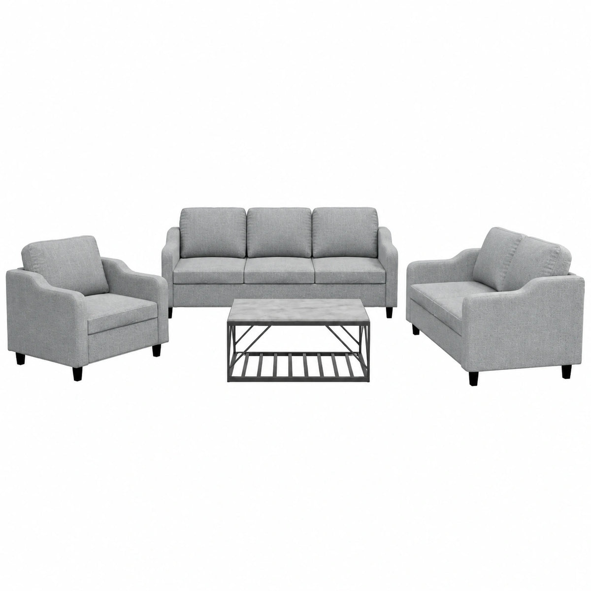 Set 3 Divani Angolari in Tessuto Grigio Chiaro con Cuscini, Moderno per Soggiorno e Ufficio, Dimensioni 78/138/198 cm