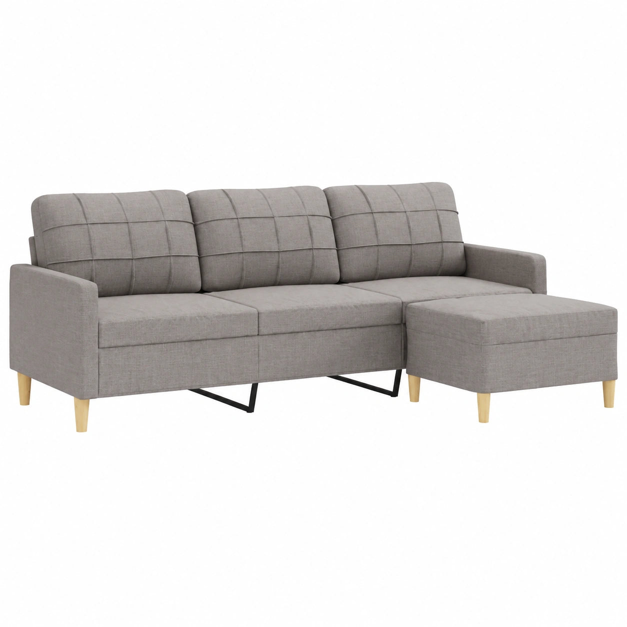 Divano angolare 3 posti in tessuto tortora con poggiapiedi, 210 cm, design moderno e struttura in metallo, imbottitura comoda per soggiorno