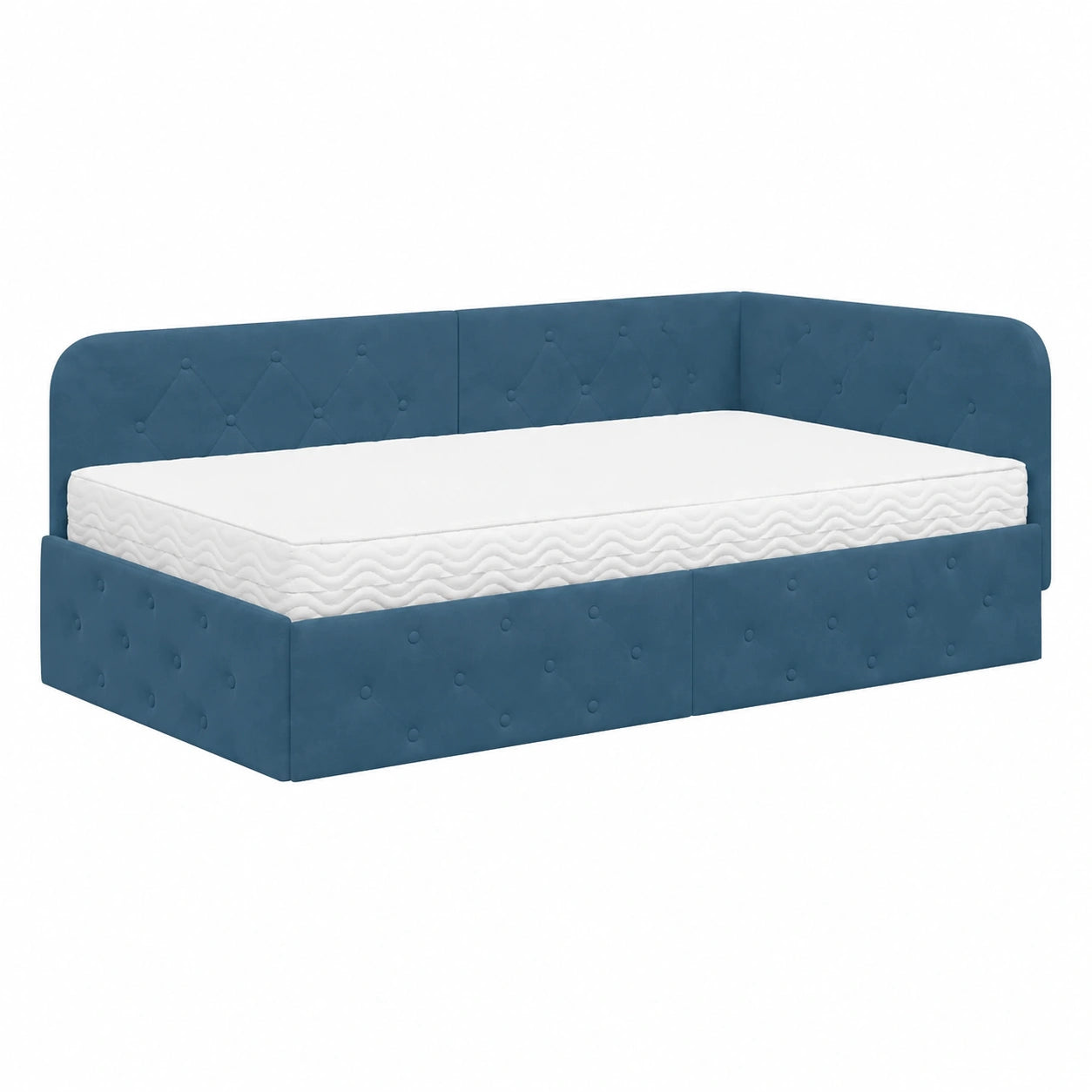 Letto a L 90x200 cm con materasso in velluto blu, divano letto compatto per ospiti