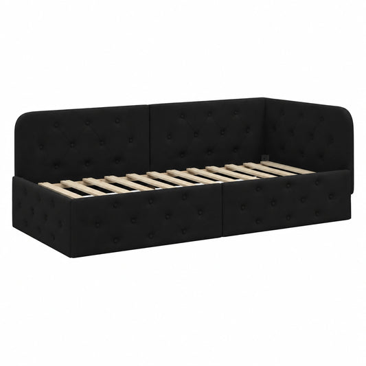 Divano letto angolare 100x200 cm in tessuto nero imbottito con bracciolo reversibile, soluzione salvaspazio per ospiti
