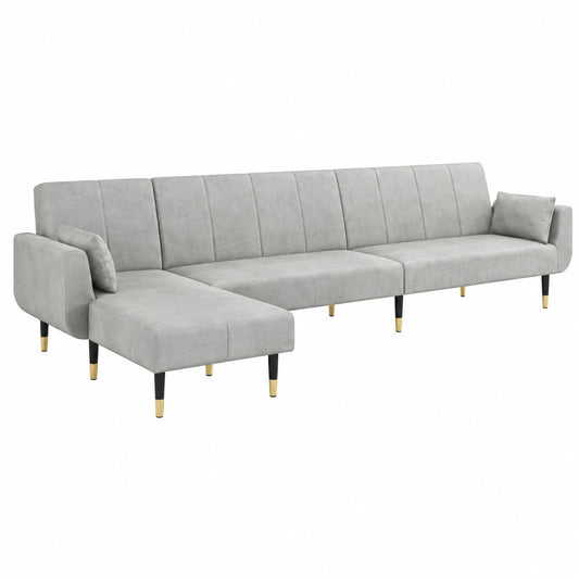 Divano angolare in velluto grigio chiaro con funzione letto e chaise longue, 275 x 140 x 70 cm, moderno e confortevole per soggiorno