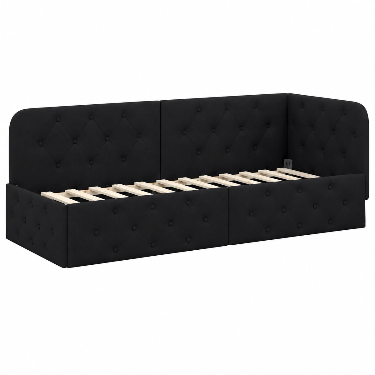 Letto angolare nero moderno 80x200 cm in tessuto con bracciolo reversibile
