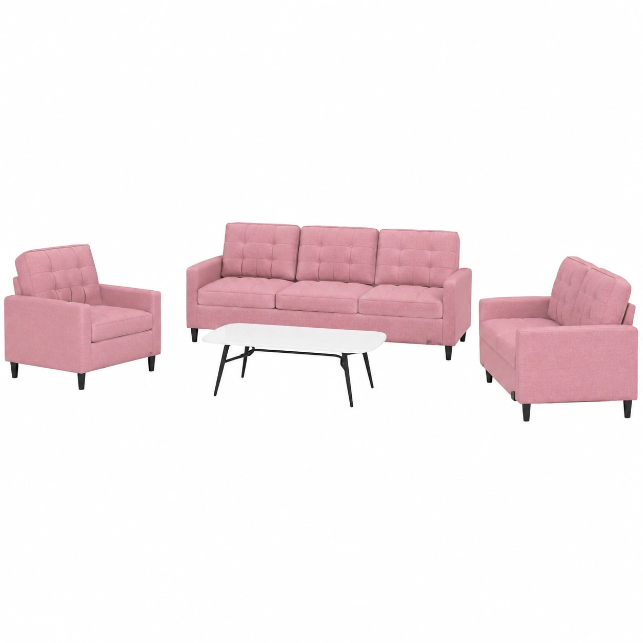 Divano angolare moderno in velluto rosa con struttura in metallo, set 4 pezzi per soggiorno