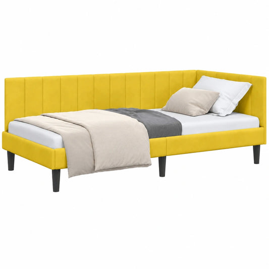Letto Angolare in Velluto Giallo 90x190 cm con Testiera, Divano Letto Imbottito Salvaspazio