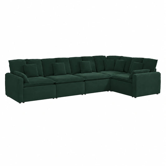 Divano angolare modulare in velluto verde scuro, 417x217x64 cm, comfort e resistenza per il soggiorno