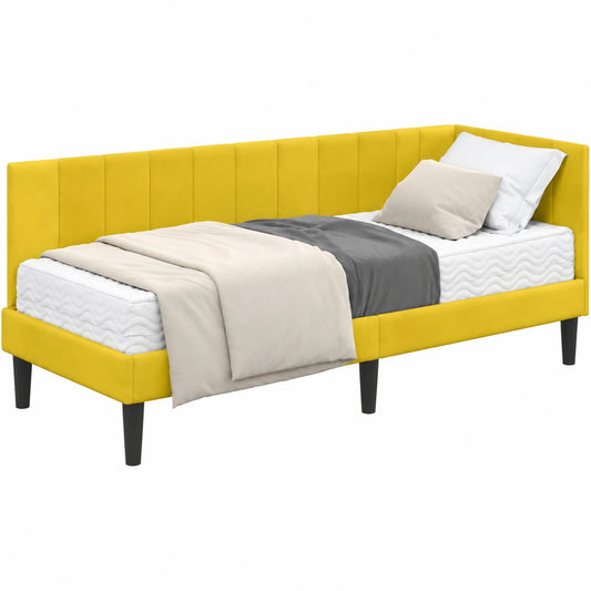 Letto angolare in velluto giallo con materasso 200x80 cm, divano letto con testiera per spazi ridotti