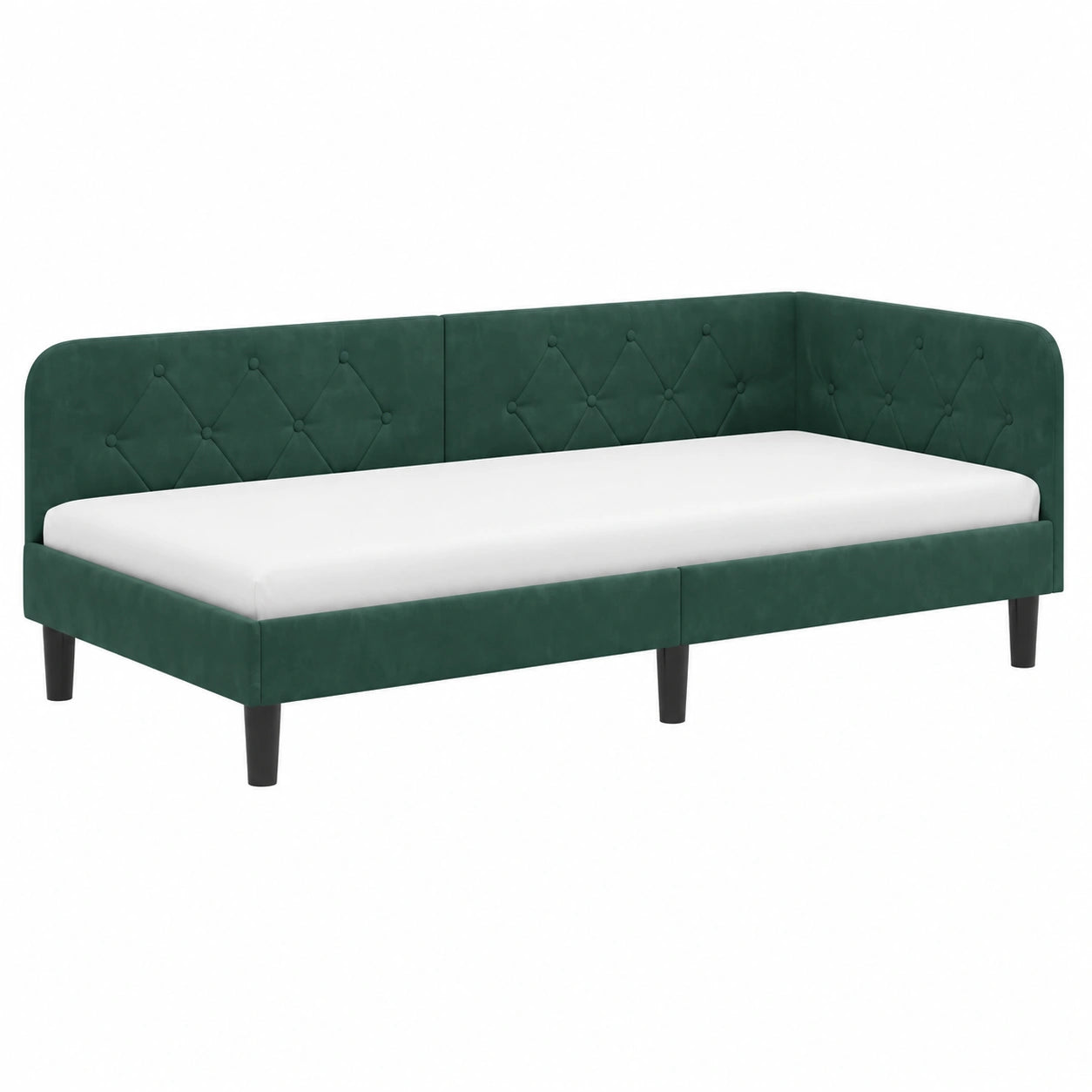 Letto angolare in legno con testiera verde scuro, 90x200 cm, ideale per piccoli spazi, multifunzionale come divano-letto