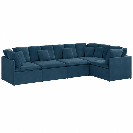Divano angolare in velluto blu modulare con ottomana, 400 x 200 cm, per soggiorno, comfort relax, due o tre posti