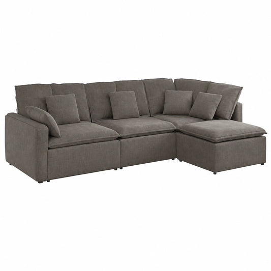 Divano Componibile Angolare in Velluto a Coste Grigio Chiaro con Cuscini, 4 Pezzi, 312x205x64 cm