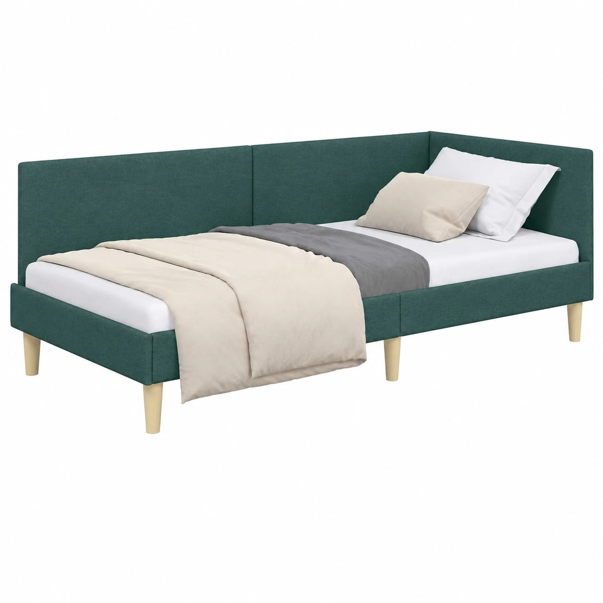 Letto a L salvaspazio 80x200 cm in tessuto verde scuro per camera e studio