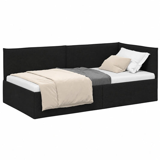 Letto angolare in tessuto nero, 100x200 cm con testiera, design moderno salvaspazio per studio e cameretta