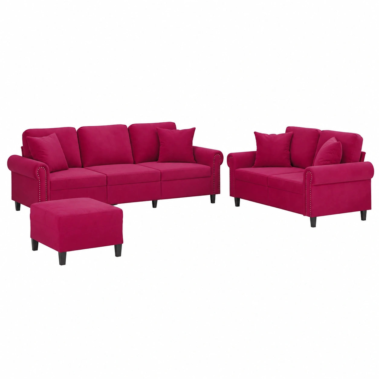 Set Divani Angolari in Velluto Rosso con Sgabello, 212 cm, Design Moderno