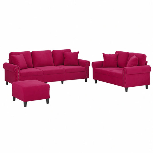 Set Divani Angolari in Velluto Rosso con Sgabello, 212 cm, Design Moderno