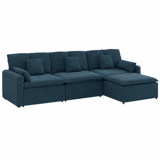 Mangloder - Set da salotto modulare in velluto blu con cuscini e pouf, 4 pezzi
