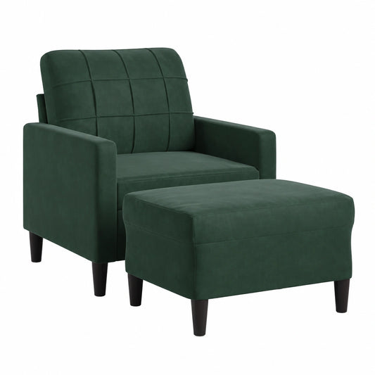 Sedia in velluto verde scuro con poggiapiedi, design moderno, ideale per soggiorno, camera o balcone